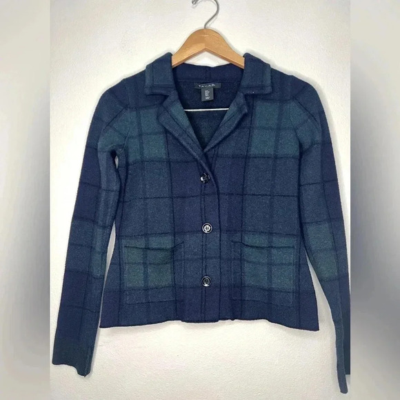 TAHARI Blue and Green Plaid Button Up Sweater / Blazer - Picture 3 of 3
